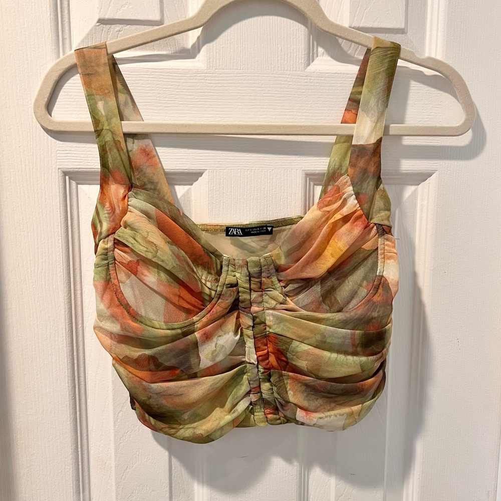 Zara Ruched Crop Tank in Green & Orange